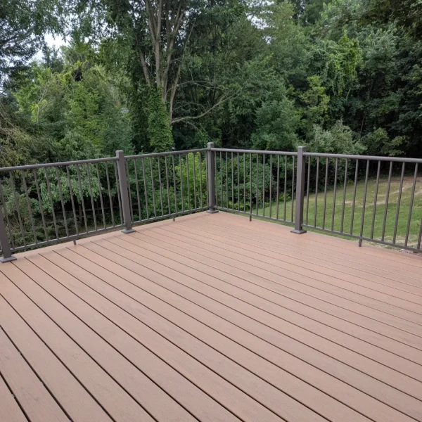 Open deck with brown boards and dark railing surrounded by trees.